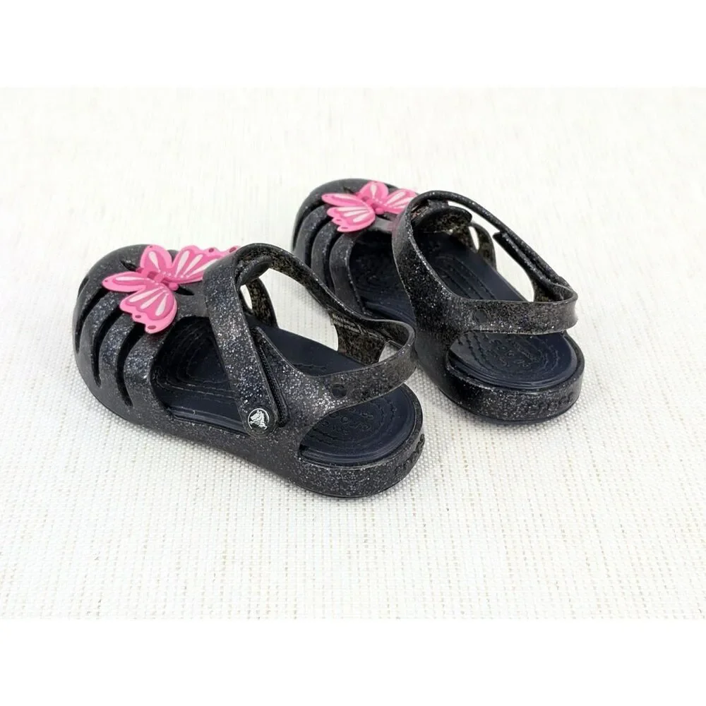 Crocs Sandals Toddler Girl C 6 Black Glitter Pink Butterfly Mary Jane